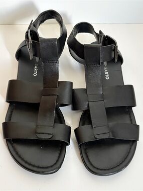 Franco Sarto Black Leather Strappy Gladiator Ankle Buckle Flat Sandals Sz 8 8.5